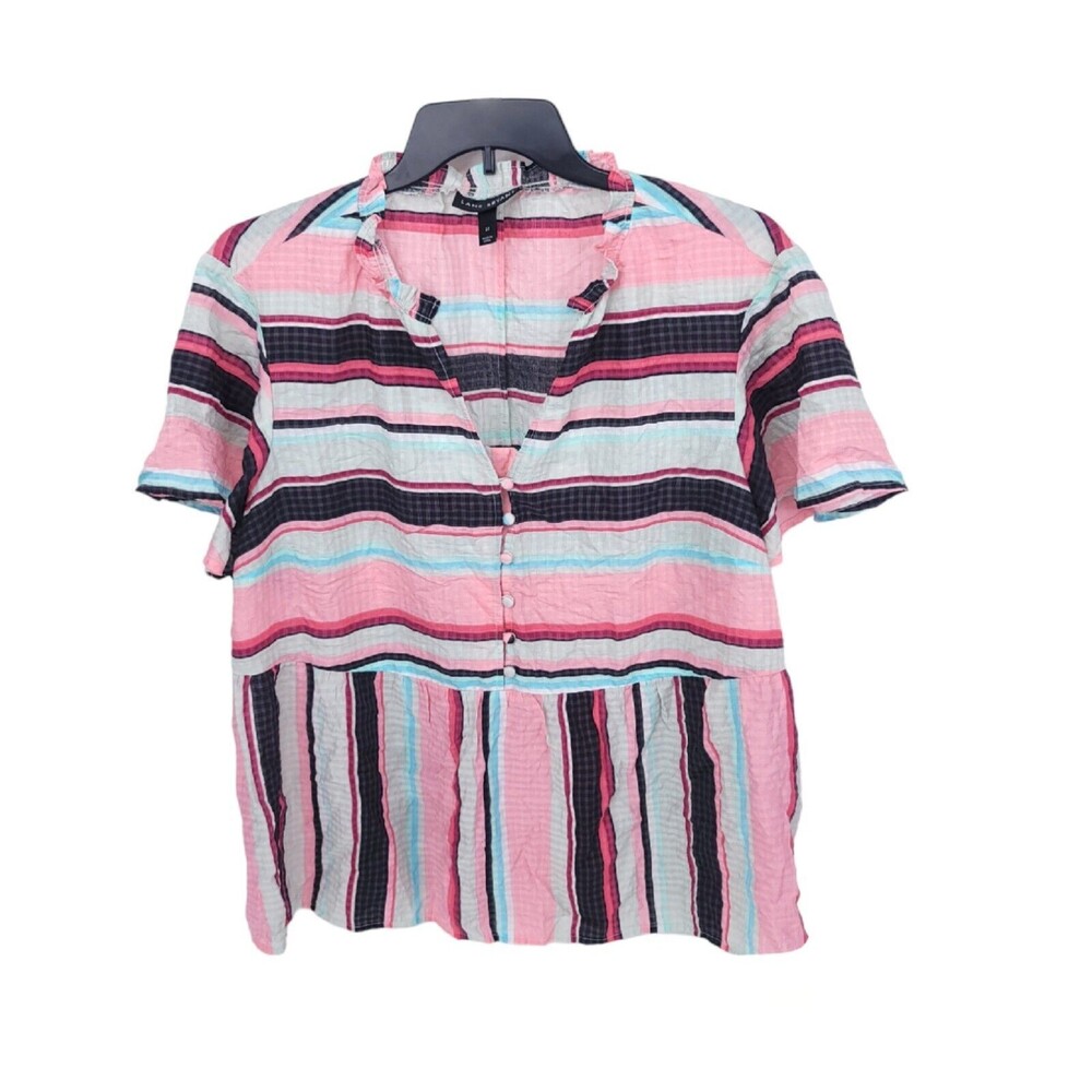 Lane Bryant Blouse Womens 22 Short Sleeve V Neck Button Striped Top Rayon Plus